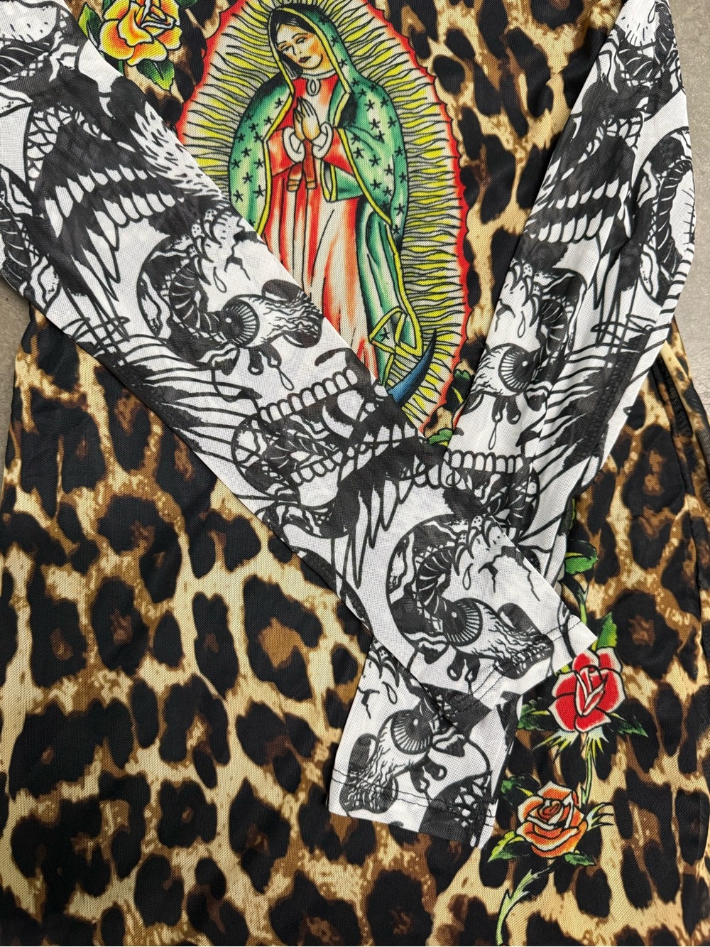 Ed Hardy x Dolls Kill Virgin Mary Leopard Mesh Tee Mini Dress Women’s Medium NEW - Picture 5 of 10